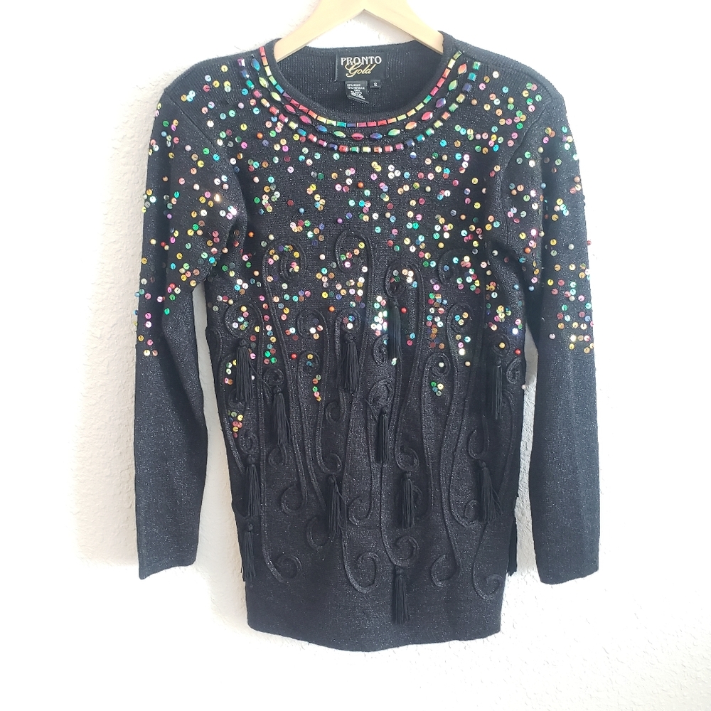 Vintage 80s Rainbow Sequin Fringe Tassle Long Sweater Size Small